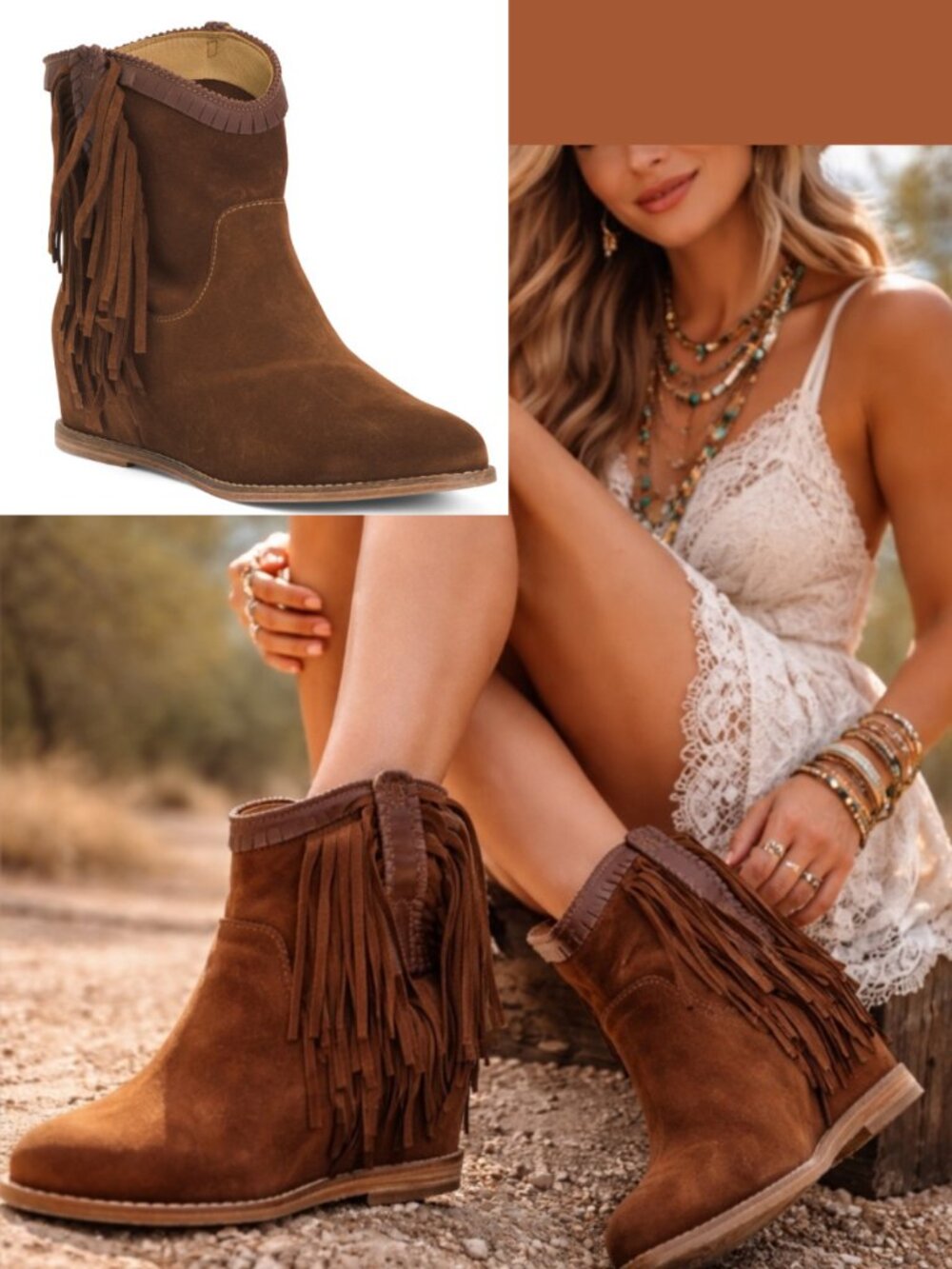 Lucchese Hidden Wedge Brown Suede Fringe Booties